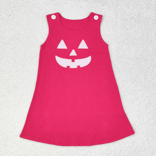 GSD1361 embroidery Halloween smile pumpkin hot pink sleeveless girls dress