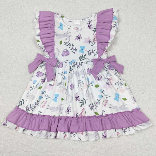 GSD0626 Easter rabbit flowers purple flutter sleeve girls dress