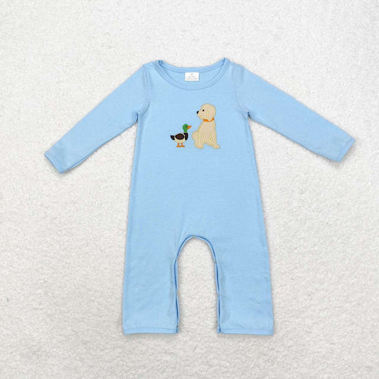 USA SHOP embroidery LR0994 mallard duck dog blue long sleeve boys romper