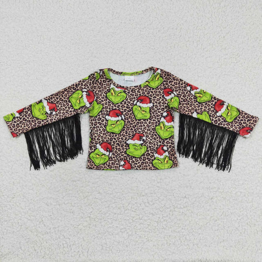 GT0190 Christmas Green Face Leopard Tassels Girls Top