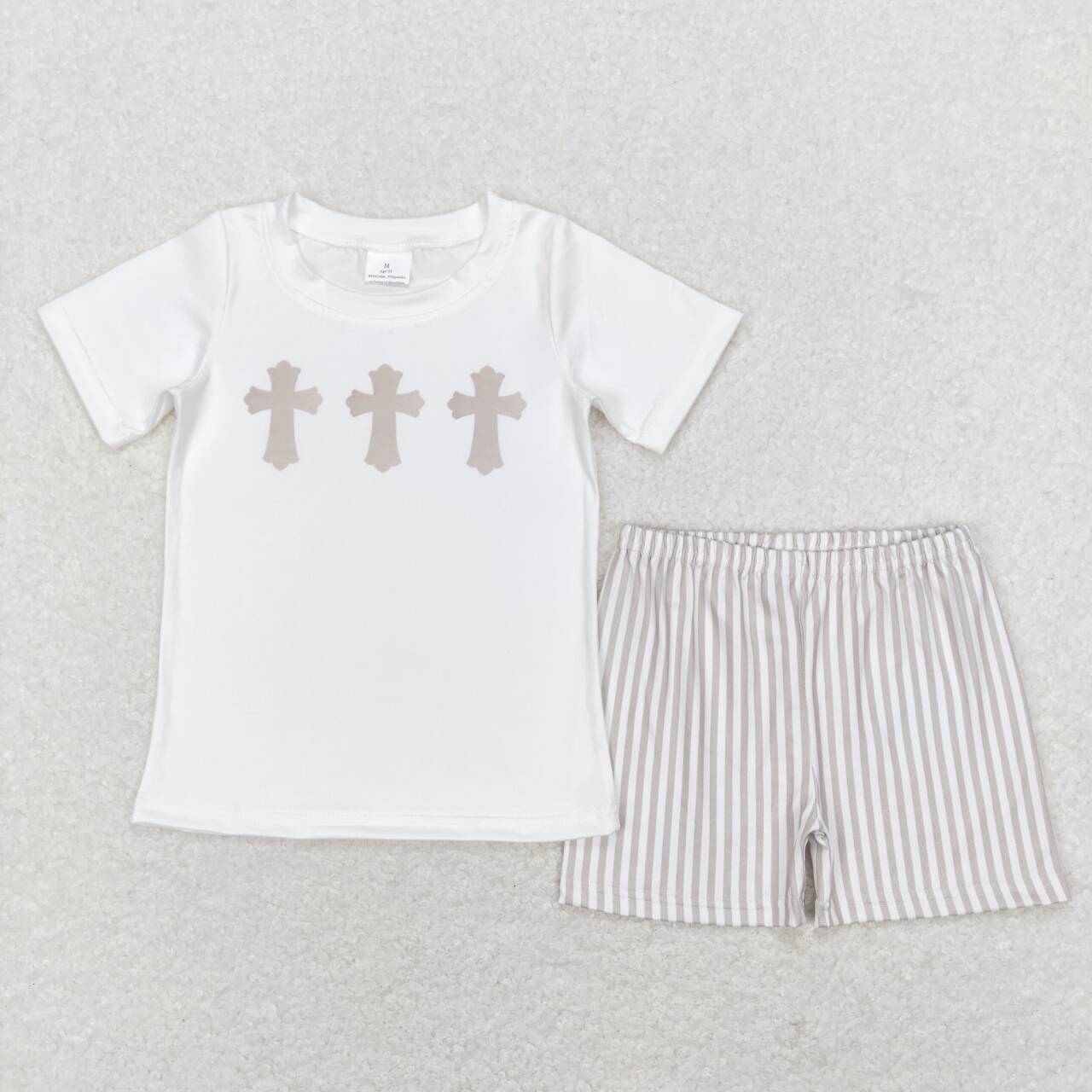 BSSO0354 Easter cross white short sleeve khaki striped shorts boys set