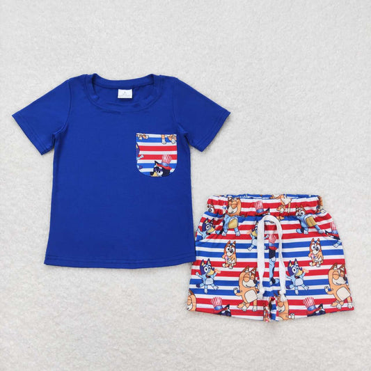 BSSO0513 July 4th Cartoon Blue Dog Pocket Short Sleeve Red Blue Striped Shorts Boys Set