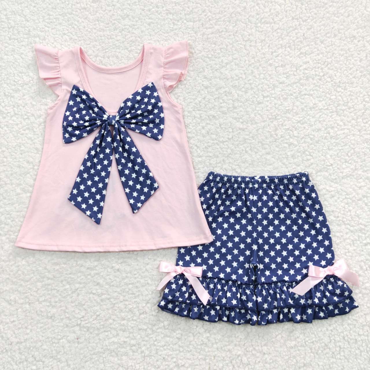 GSSO0236 July 4th Dog Pink Flutter Sleeve Blue Dot Girl Summer Set