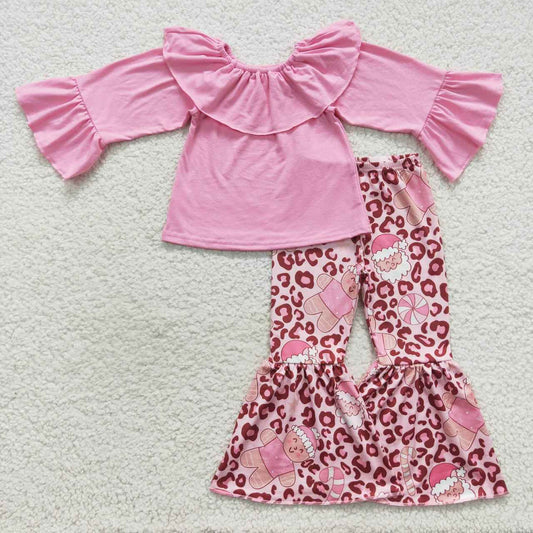 GLP0673 Christmas pink leopard gingerbread man long sleeve pants girls set
