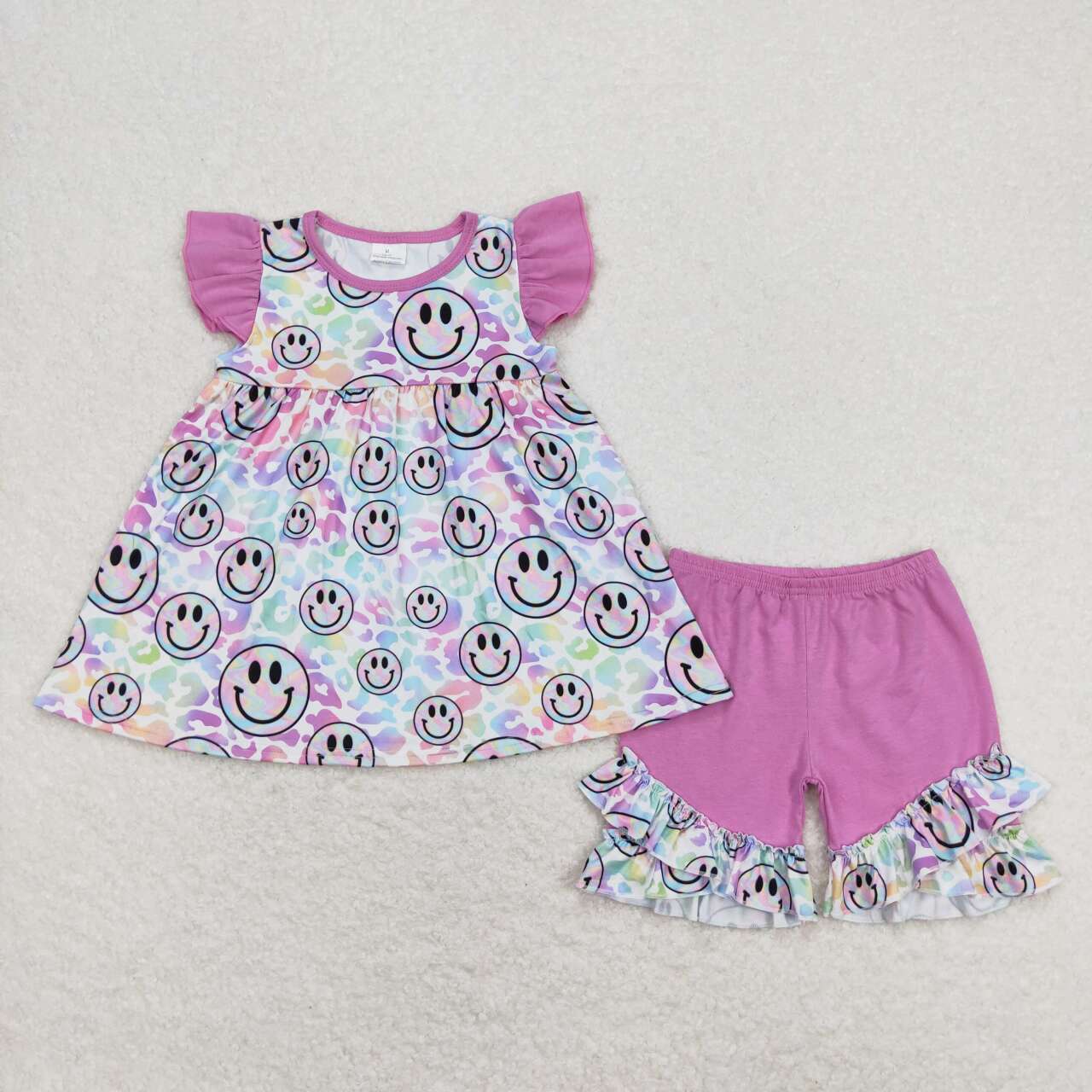 GSSO0631 Colorful smile leopard flutter sleeve hot pink shorts girls set