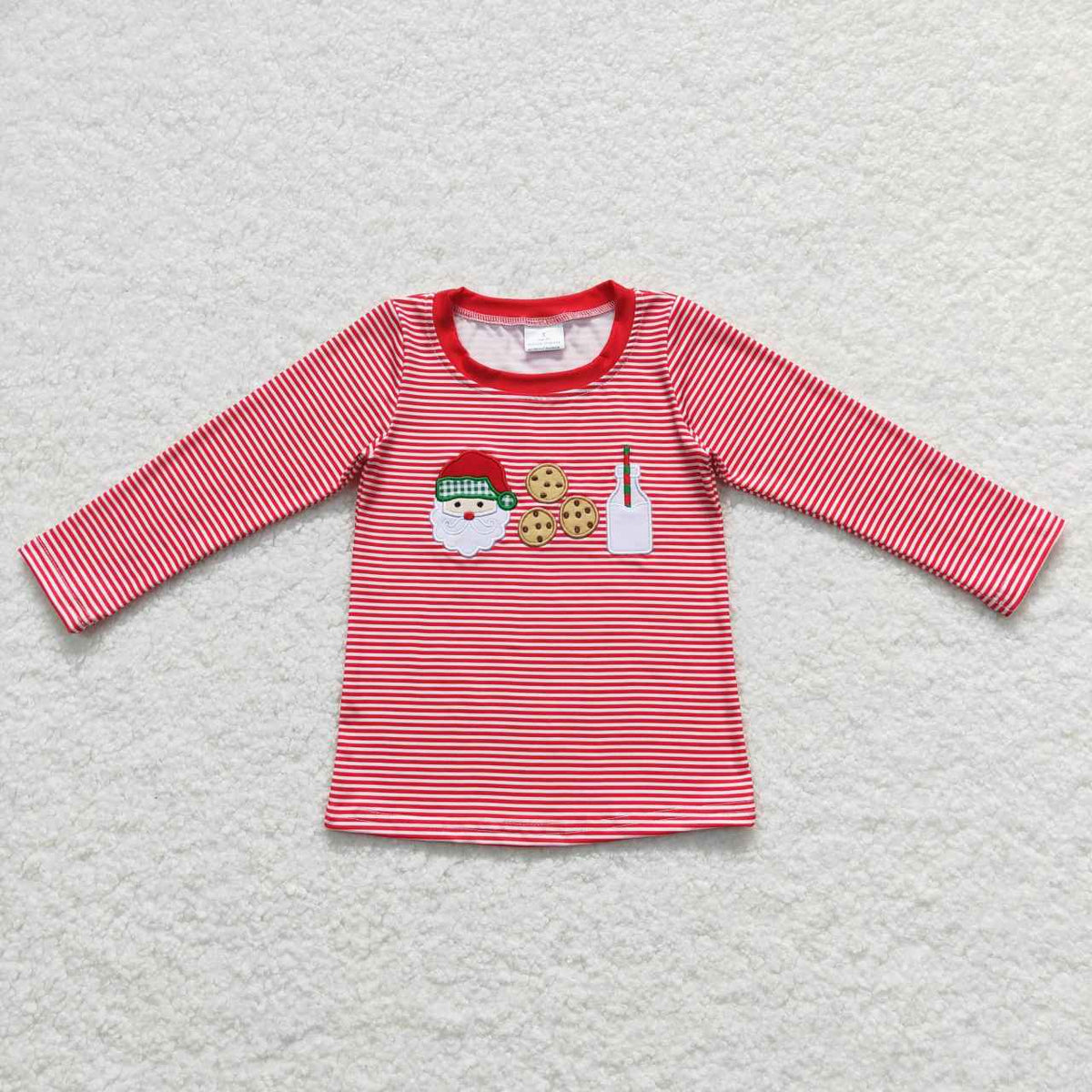 BT0370 Christmas Santa Claus cookie milk red striped boys top