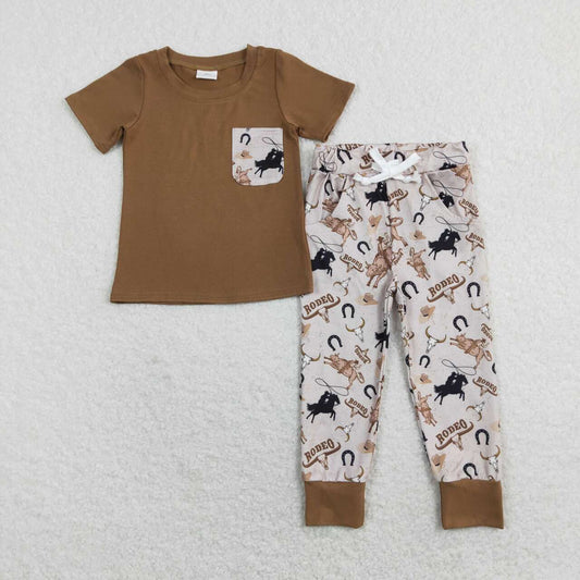 BSPO0198 Western rodeo brown pocket short sleeve pants boys set