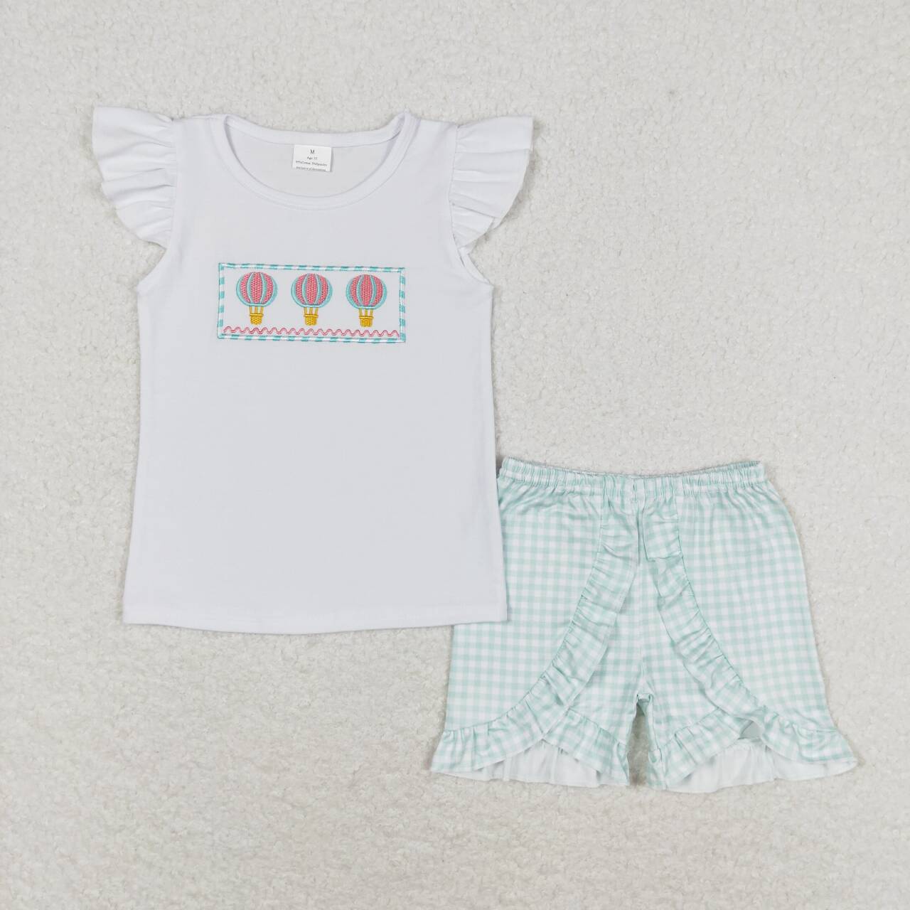 GSSO0981 embroidery hot air balloon white flutter sleeve green checkered shorts girls set