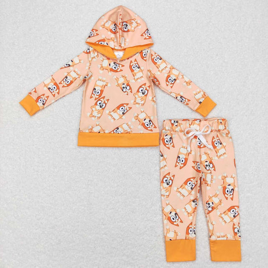 BLP0415 Cartoon dog orange hoodie girls set kids outfit