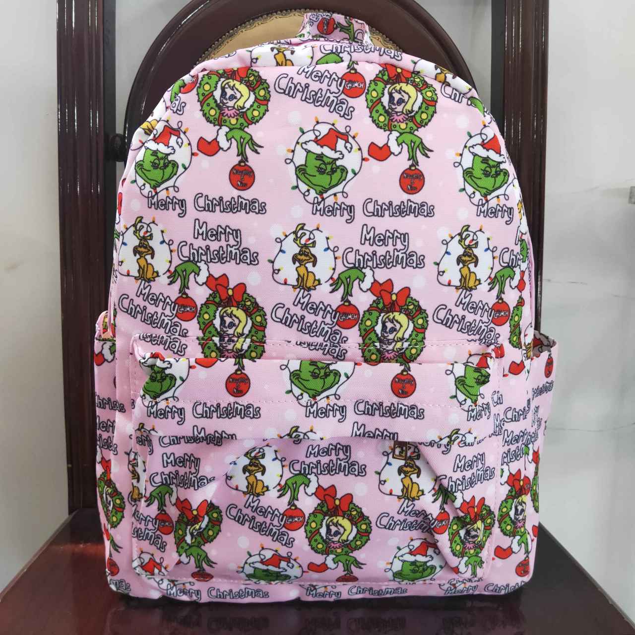 BA0148 Merry Christmas green face pink kids bag