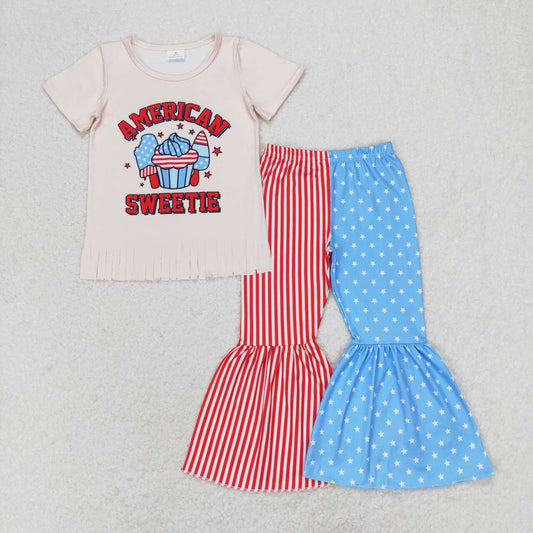 GSPO1485 July 4th American sweetie tassels short sleeve striped star pants girls set