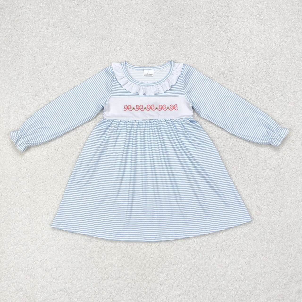 GLD0508 embroidery cute pink bows blue striped long sleeve girls dress