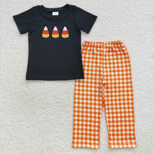 BSPO0121 Halloween Colorful Sugar Black Short Sleeves Orange Pants Boys Set