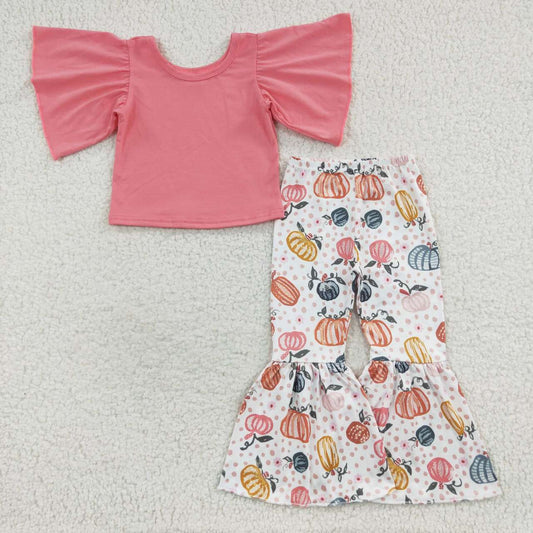 GSPO0670 Orange Short Sleeve Top Color Autumn Pumpkin Pink Dot pants Girls Set