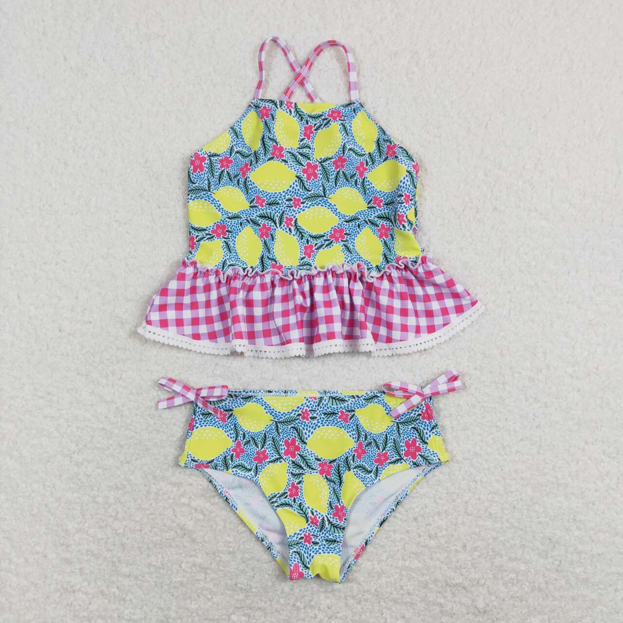 S0219 Lemon Flowers Hot Pink Girls Bathing Suits Swimsuit