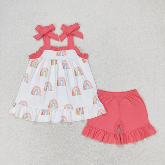 GSSO0989 rainbow red lace-up red shorts girls set