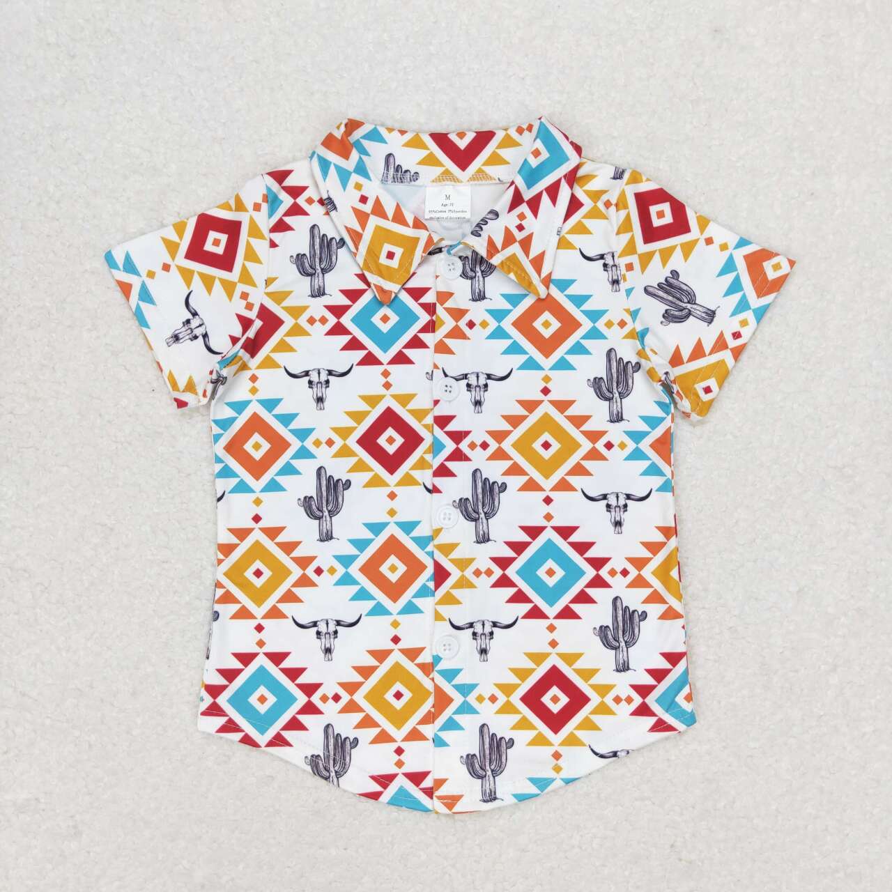 BT0550 Western Aztec Cow Cactus Short Sleeve Boys T-shirt Top