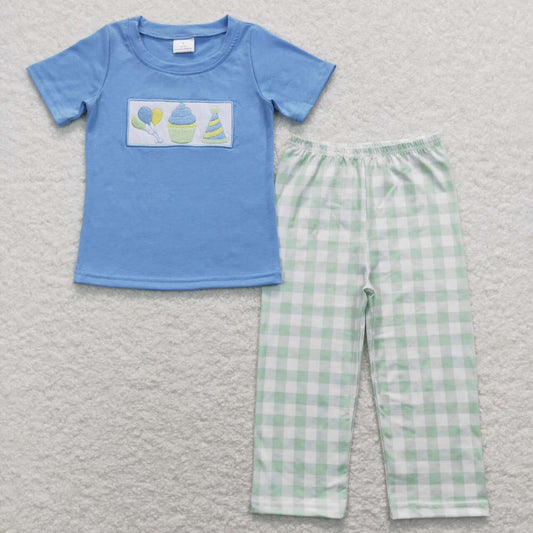 BSPO0190 Happy birthday cake blue short sleeve green checkered pants boys set