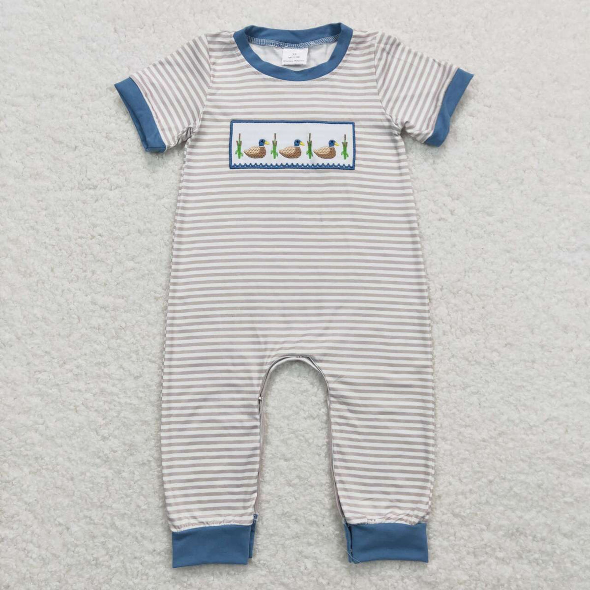 SR0947 embroidery Hunting Mallard Striped Short Sleeve Boys Romper