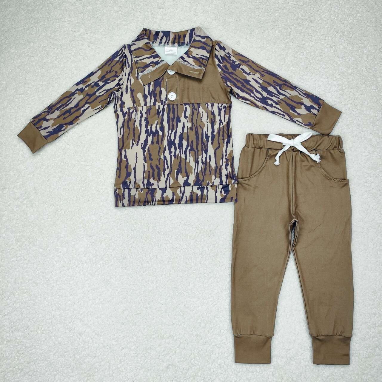 BLP0492 hunting camo branch long sleeve dark brown pants boys set