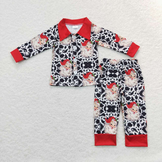 Christmas Santa Claus Cow Print Red Long Sleeves Boys Set