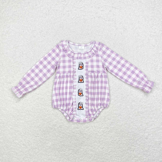 embroidery LR1299 Halloween spooky pumpkin purple checkered long sleeve girls romper