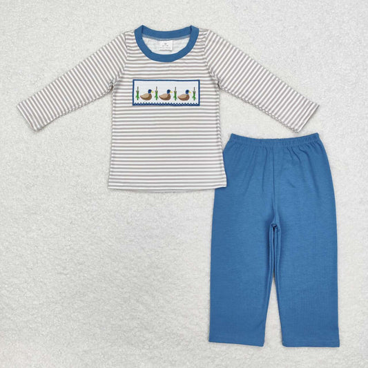 BLP0456 embroidery Hunting Mallard Striped Long Sleeve Blue Pants Boys Set