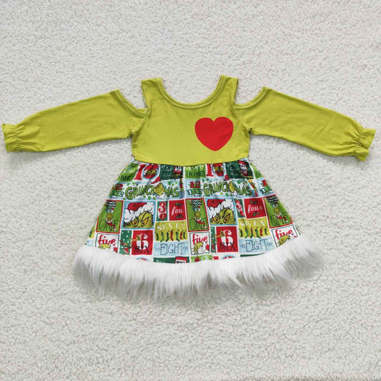 GLD0247 Christmas Green Face Long Sleeve Girls Dress