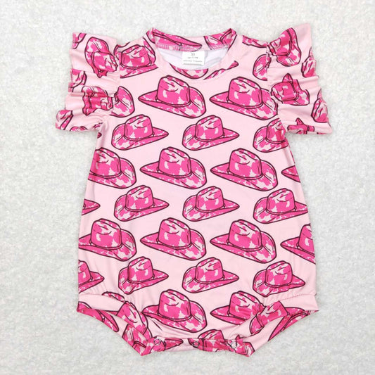 USA SHOP SR0623 Western hat hot pink short sleeve girls romper