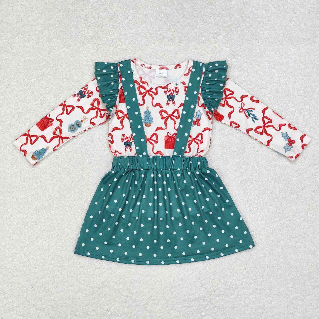 GLD0617 Christmas bows cane candy long sleeve green skirt girls set