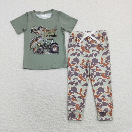 Hunting fish farmin tractor green short sleeve green camo pants boys set