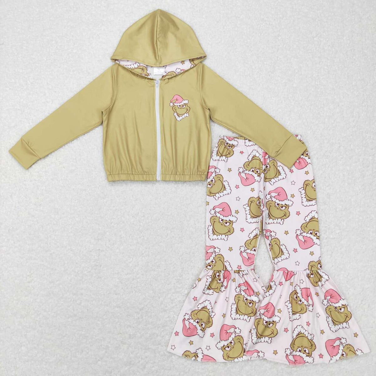 GLP0845 Christmas green face green hoodie long sleeve pink pants girls set