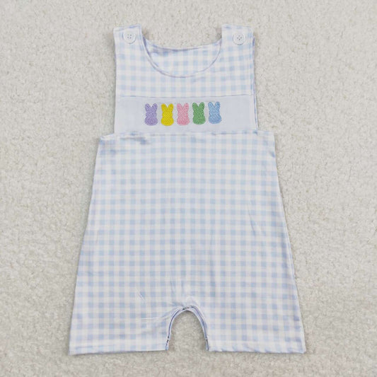 SR0691 embroidery Easter rabbit blue checkered sleeveless boys romper