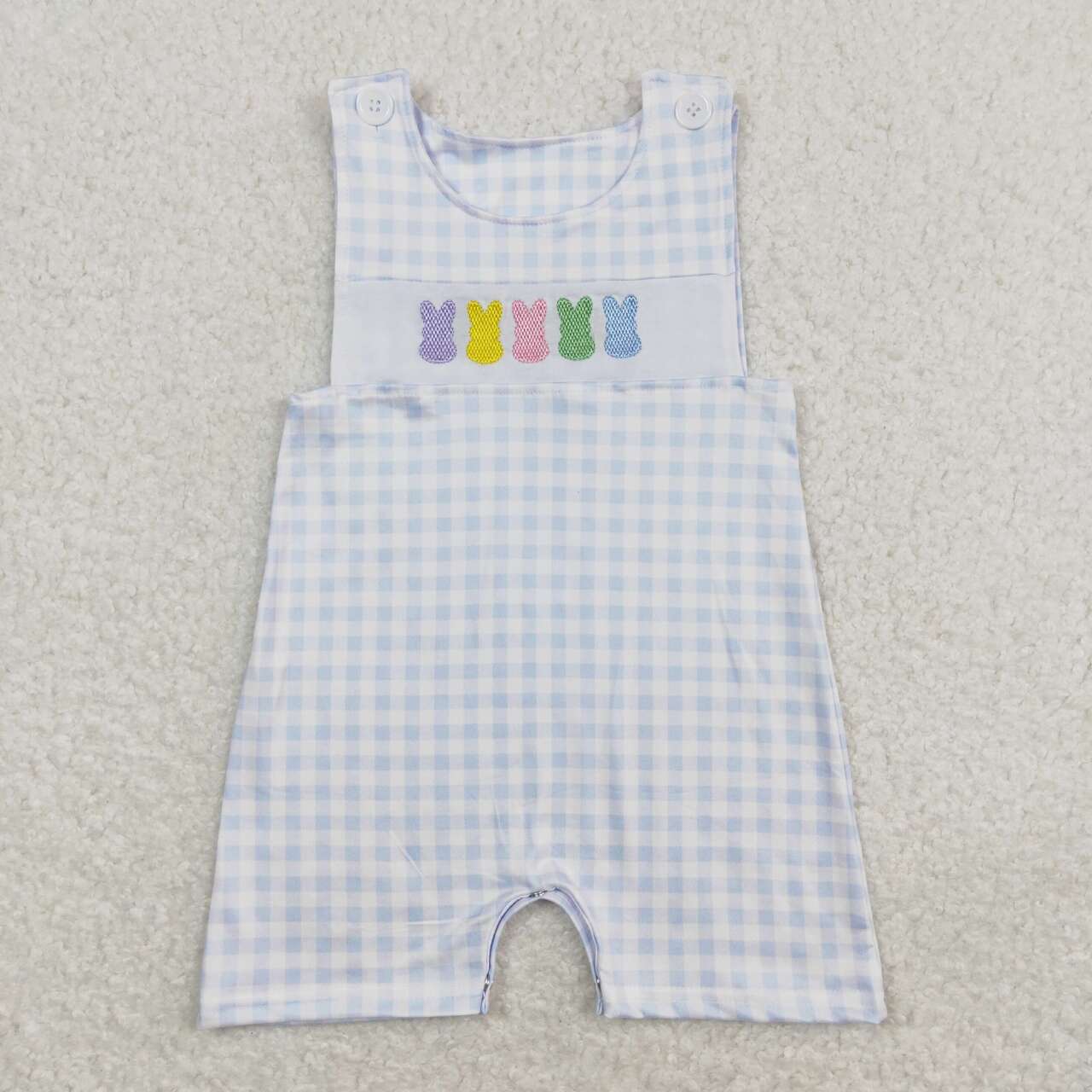 SR0691 embroidery Easter rabbit blue checkered sleeveless boys romper