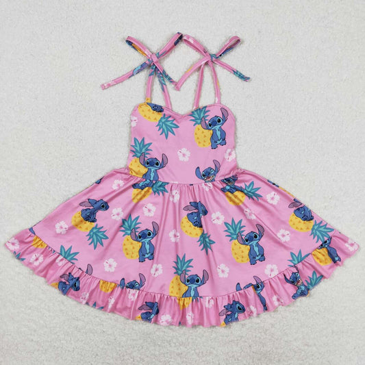 GSD1080 cartoon cute dog blue animals pineapple hot pink girls dress