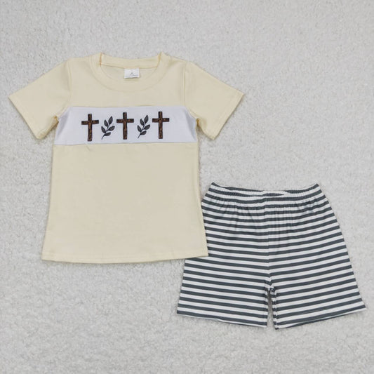 BSSO0459 Easter Cross Flowers Short Sleeve Grey Striped Shorts Boys Set