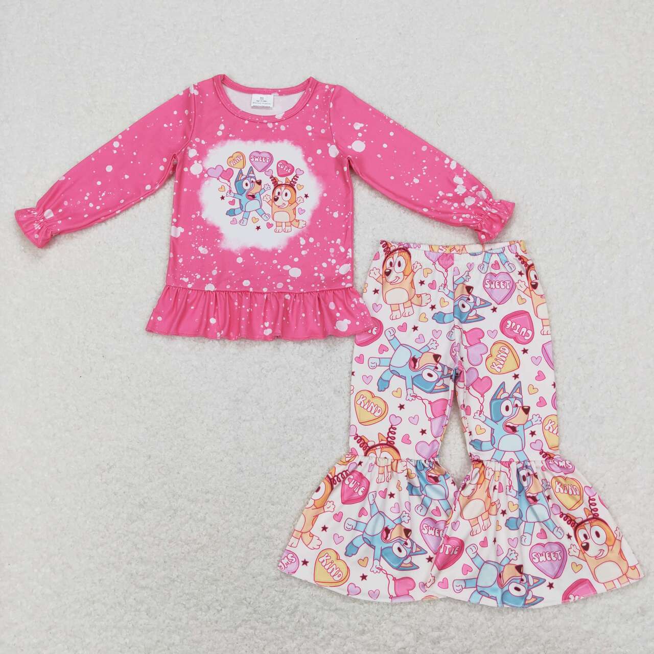 GLP1123 Valentine's Day Sweet Cartoon Blue Dog Hot Pink Long Sleeve Pink Pants Girls Set