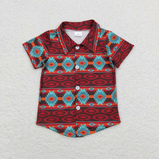 BT0582 Western Aztec Maroon Short Sleeve Boys Top