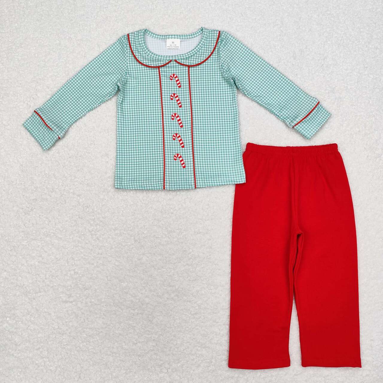 BLP0752 Christmas cane candy green long sleeve red pants boys set