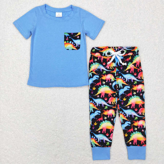 BSPO0206 Colorful Dinosaur Blue Pocket Short Sleeve Pants Boys Set