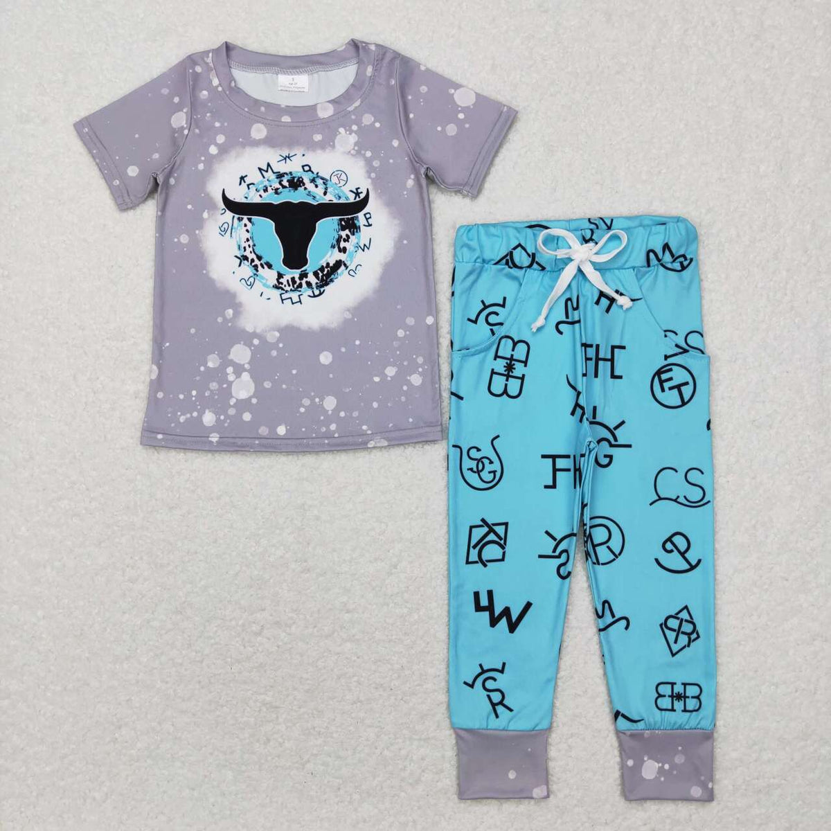 BSPO0224 Western cow grey short sleeve blue pants girls set