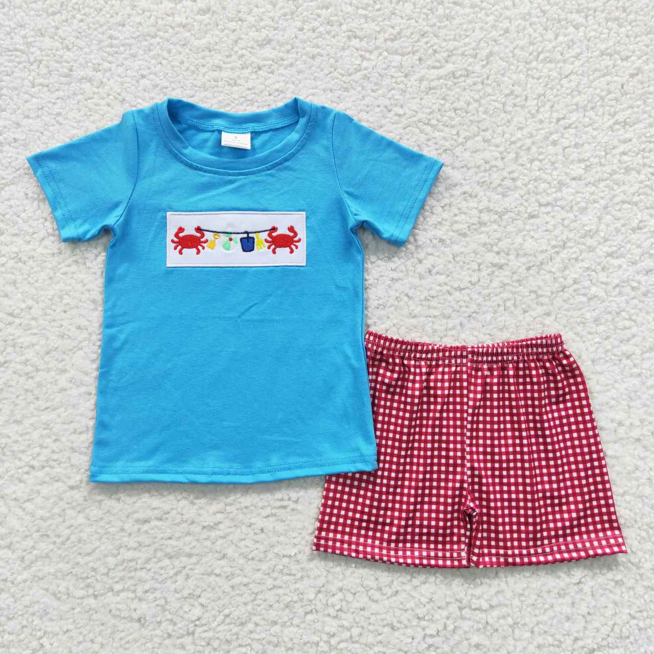 BSSO0247 Embroidery Crab Blue Short Sleeve Red Cell Shorts Boys Summer Set