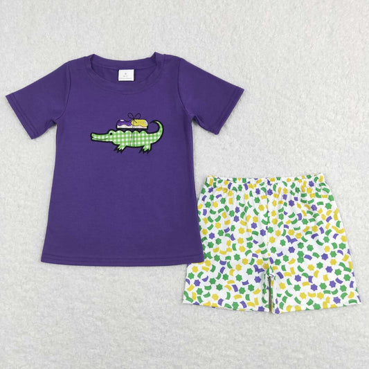 BSSO0410 Embroidery Mardi Gras Crocodile Purple Short Sleeve Shorts Boys Set