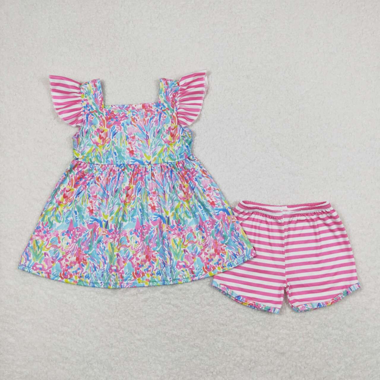 GSSO0937 multi color print blue flutter sleeve pink shorts girls set