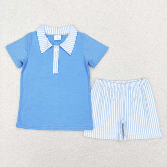 BSSO0402 Blue short sleeve striped shorts boys set