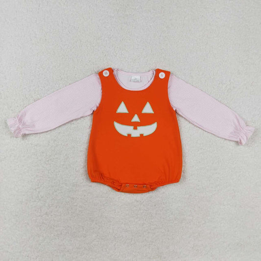 LR1703 embroidery Halloween pink long sleeve pumpkin 2pcs girls romper