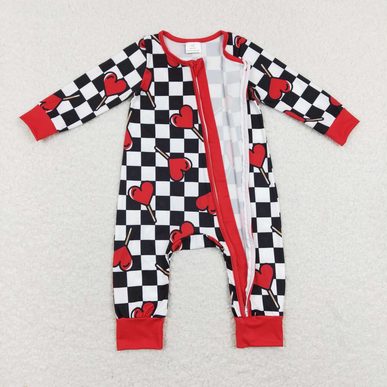 LR0856 Valentine's Day Heart Black Checkered Boys Romper