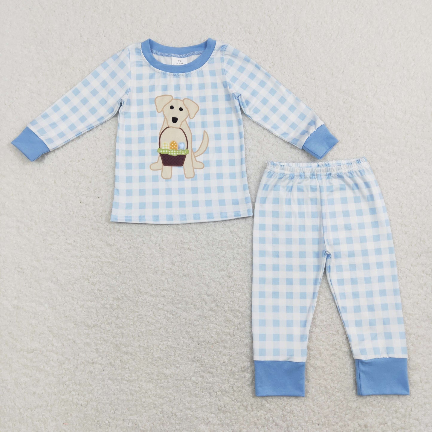 BLP0432 Easter dog egg blue checkered long sleeve pants boys pajamas