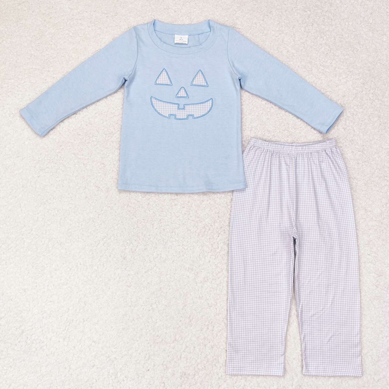 BLP0562 embroidery Halloween smile pumpkin blue long sleeve checkered pants boys set