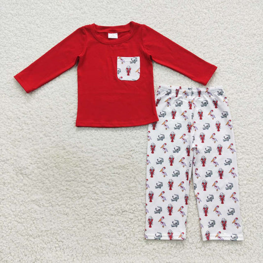 BLP0300 Christmas caryfish red long sleeve pants boys set